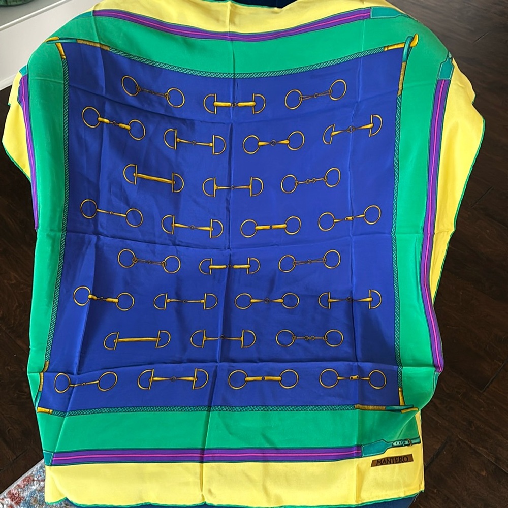 Silk link Print Scarf in Royal Blue, Green & Yellow